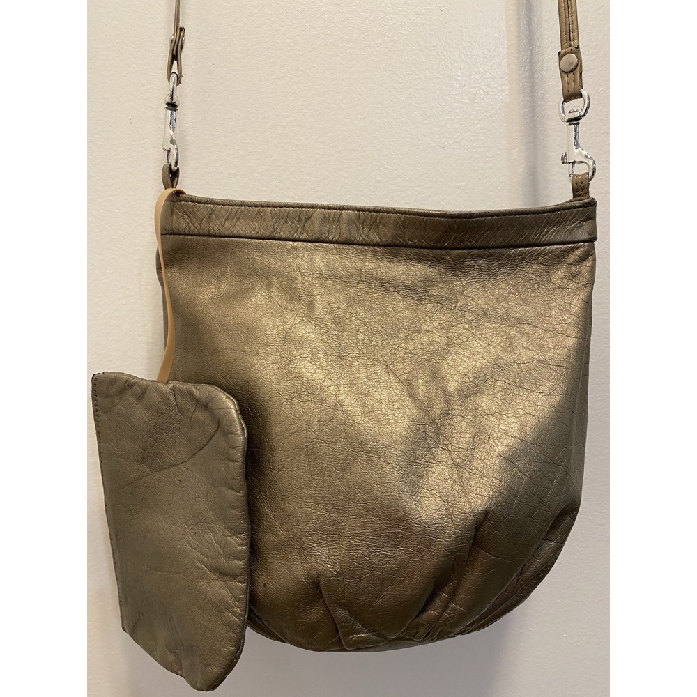 vintage gold leather shoulder bag attached pouch bucket boho style crossbody